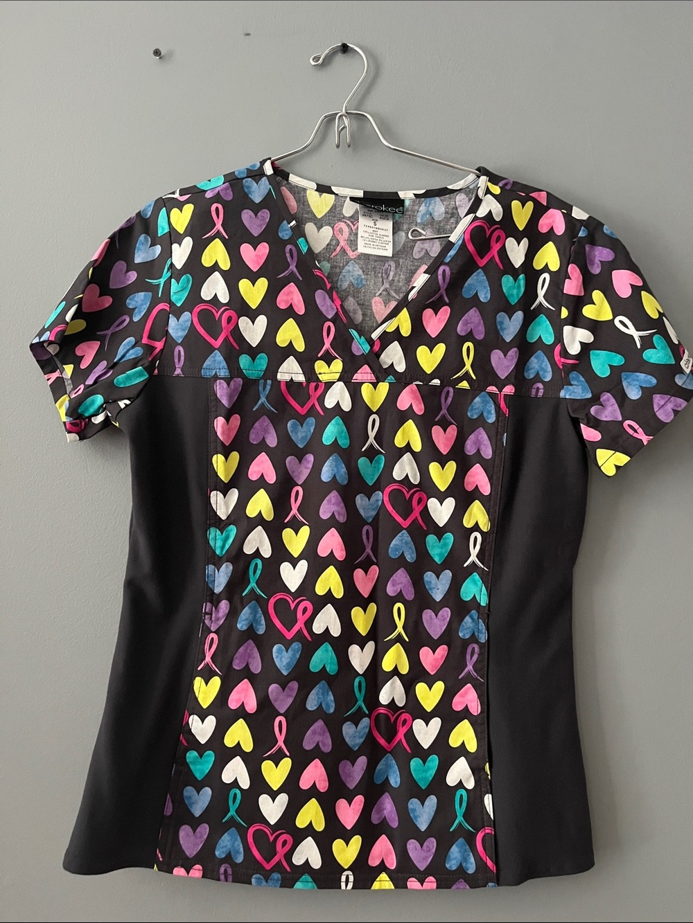 Cherokee Black Scrub Top with Multi-Color Heart & Ribbon Print